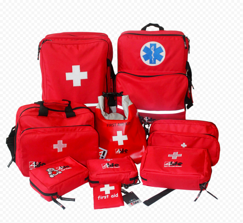 Group Of Red Medical Emergency First Aid Kit Bags