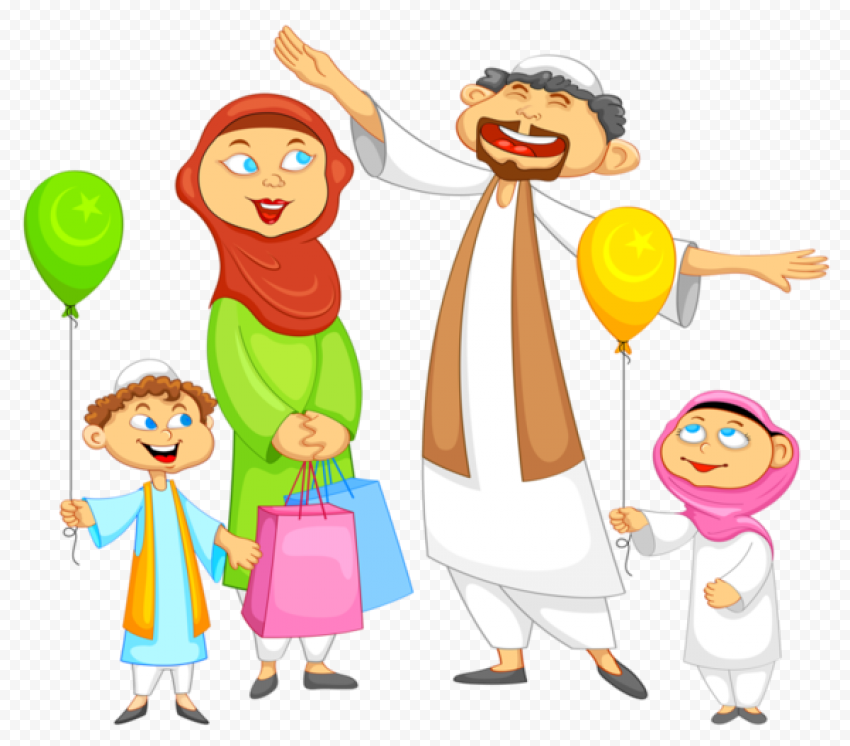 Happy Cartoon Muslim Family Eid Mubarak Characters