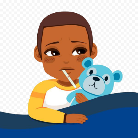 Cartoon Kid Boy In Bed Sick Fever With Teddy Bear