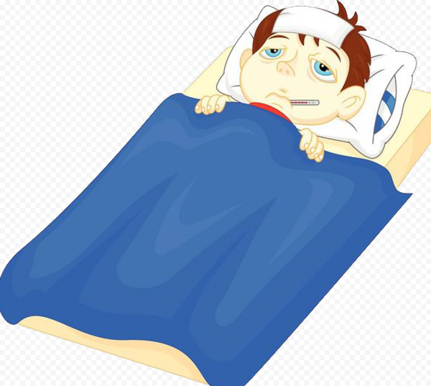 Cartoon Sick Boy In Bed Has Fever With Thermometer | Citypng