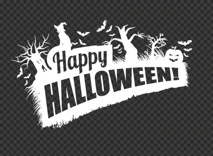 White Happy Halloween Logo Witch Trees Pumpkins