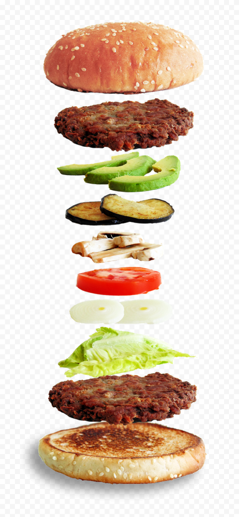 HD Meat Vegetable Veggie Veg Burger Floating Ingredients PNG Image