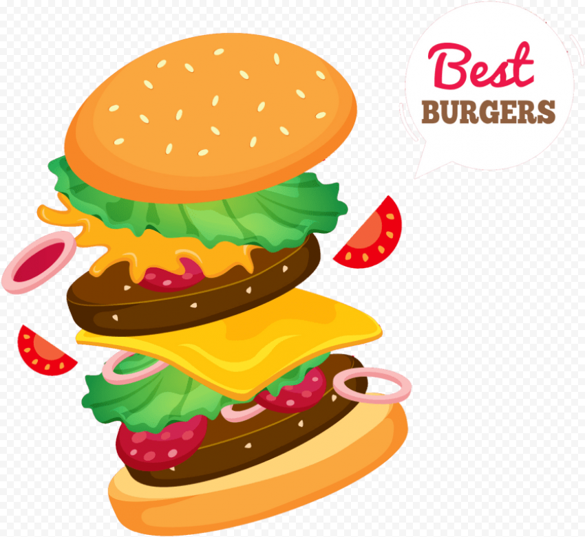 Cartoon Illustration Double Cheeseburger Floating Ingredients PNG Image