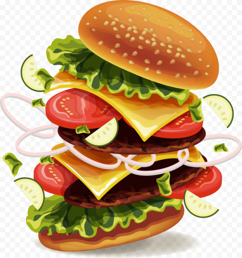 HD Cartoon Open Double Cheeseburger Floating Flying PNG Image