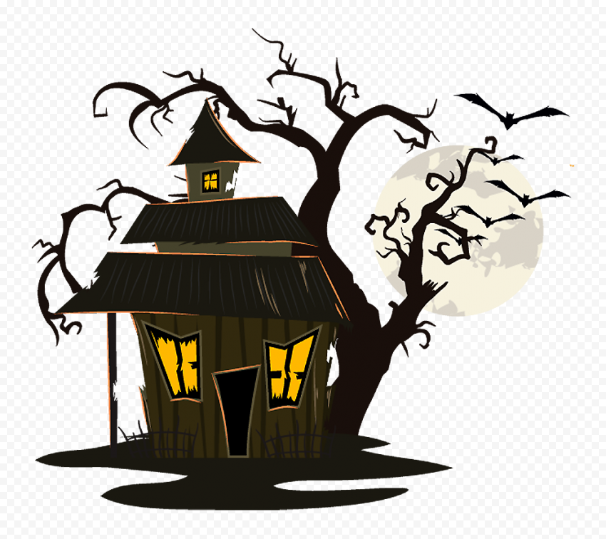 HD Halloween Cartoon Castle House With Tree & Moon PNG