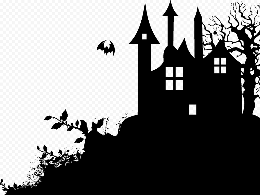HD Halloween Castle Silhouette With Tree And Flying Bat PNG