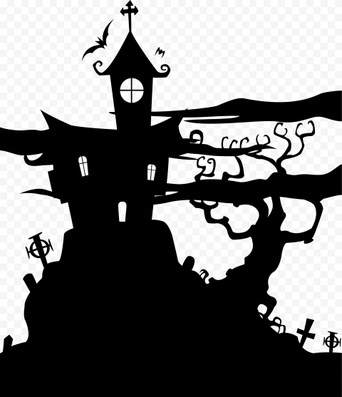 HD Black Halloween Castle With Tree & Bat Silhouettes PNG