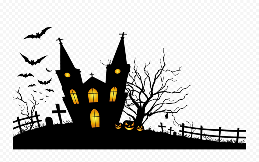 HD Black Halloween House & Pumpkins Silhouettes PNG