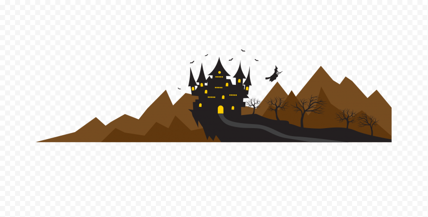 HD Halloween Cartoon Castle Trees Crows And Flying Witch PNG