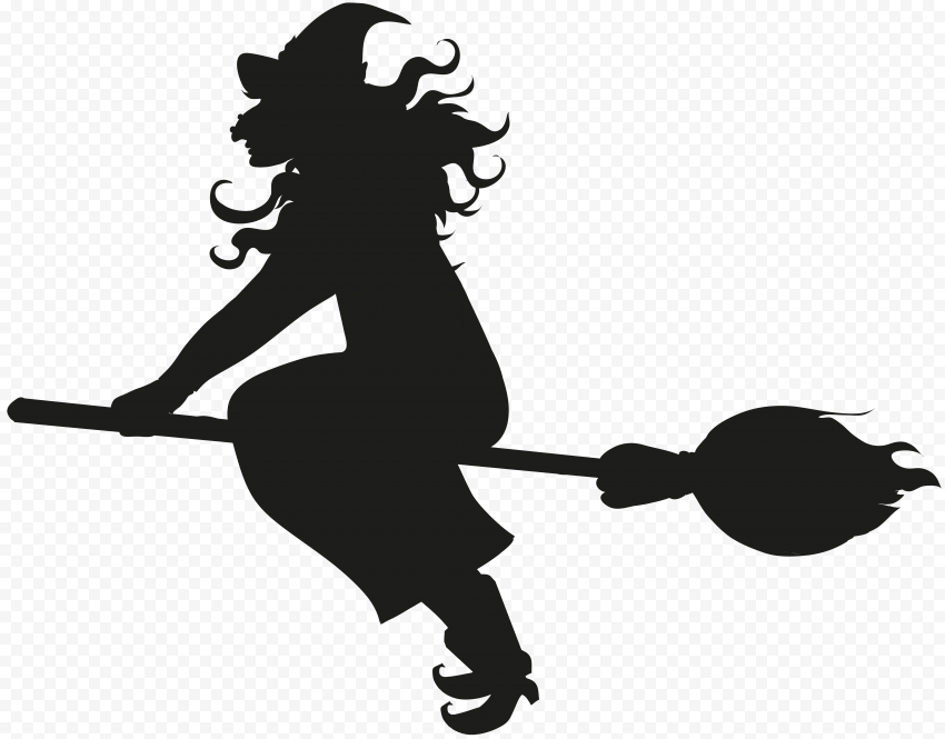 HD Halloween Witch Fly On A Broom Black Silhouette PNG