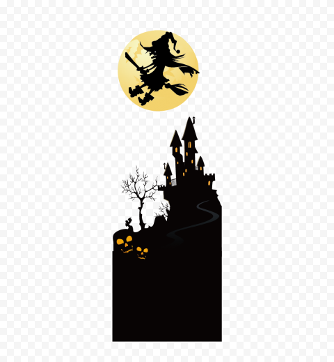 HD Witch Flying On A Broom With Full Moon & Castle Silhouettes PNG