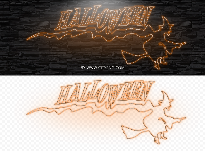 HD Neon Orange Halloween With Witch Flying On A Broom PNG
