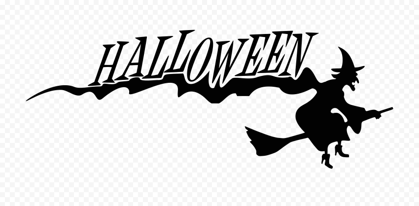 HD Halloween Black Text Word With Witch Flying Silhouette PNG