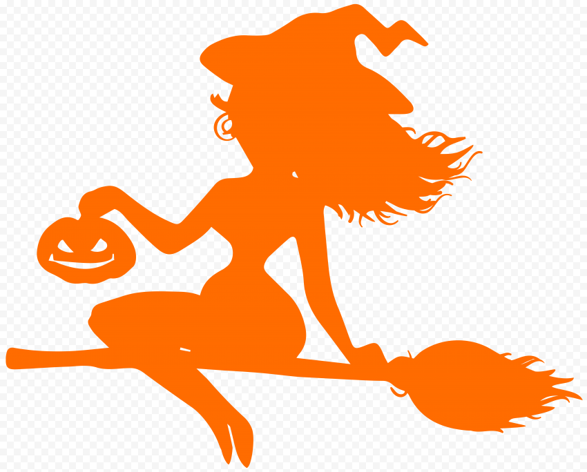 HD Beautiful Halloween Witch Flying On A Broom Orange Silhouette PNG