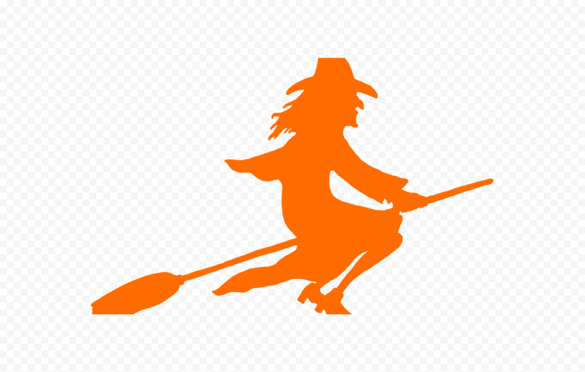 HD Halloween Orange Witch Flying On A Broom Silhouette PNG