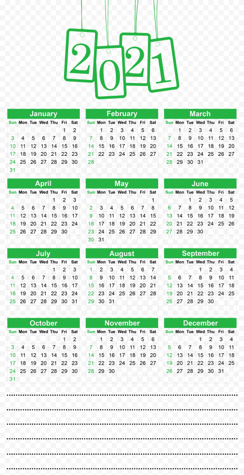 Hd 2021 Beautiful Green Calendar With Notes Section Clipart Png Citypng