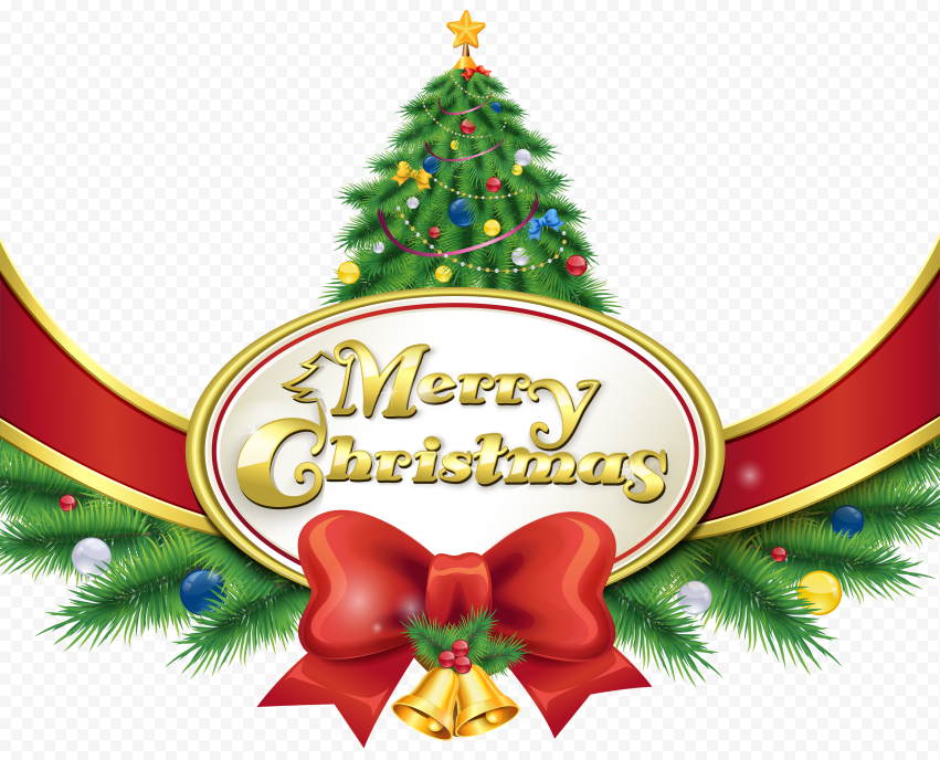 HD Merry Christmas Text With Tree & Ribbon Logo PNG Citypng