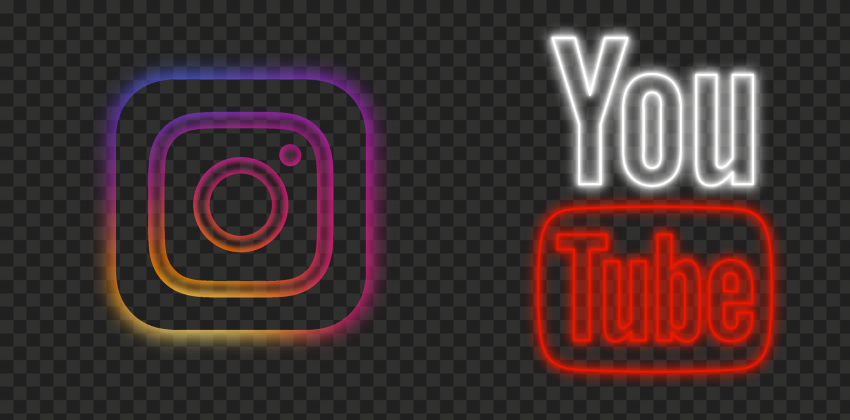HD Youtube & Instagram Neon Logos Icons PNG