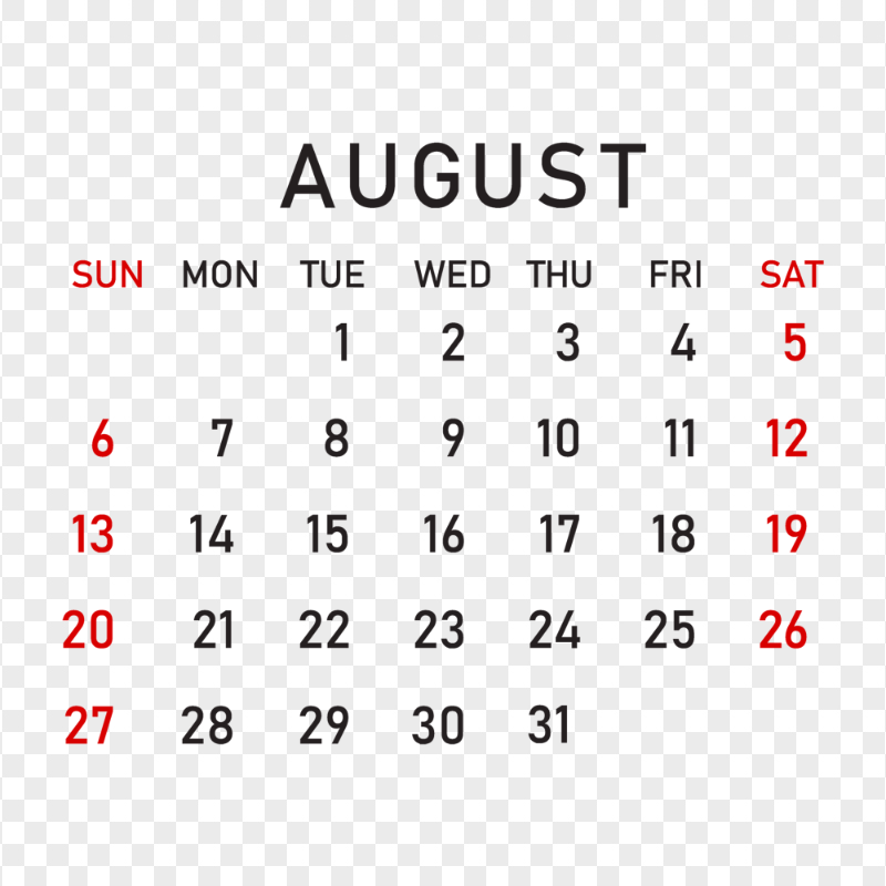 2023 August Calendar Transparent Background