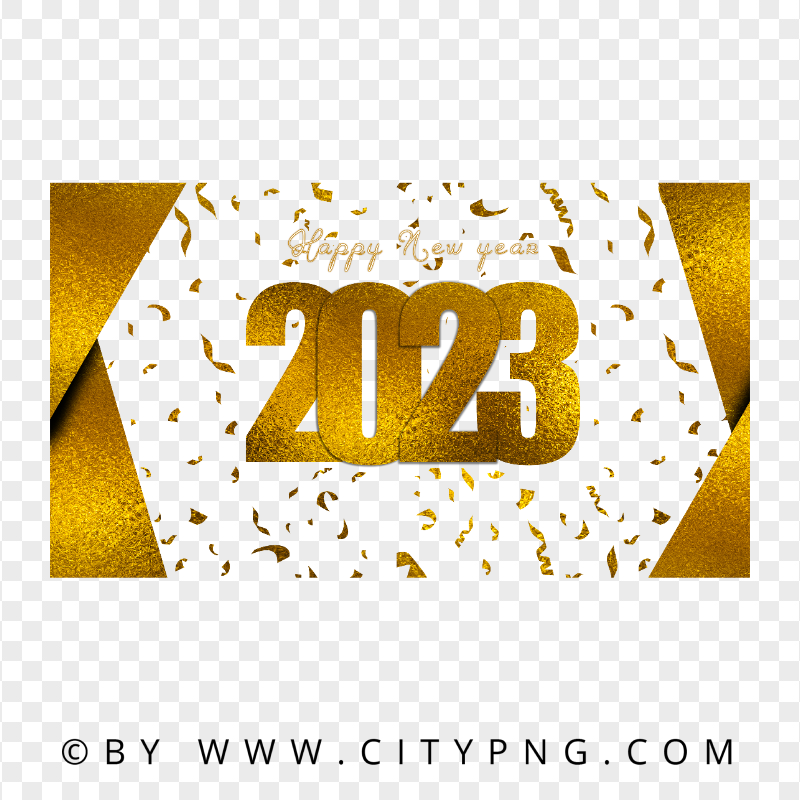 2023 Happy New Year Gold Design With Confetti HD PNG
