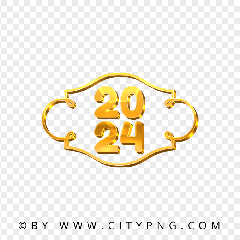 2024 New Year Text With Frame Gold Style Image PNG