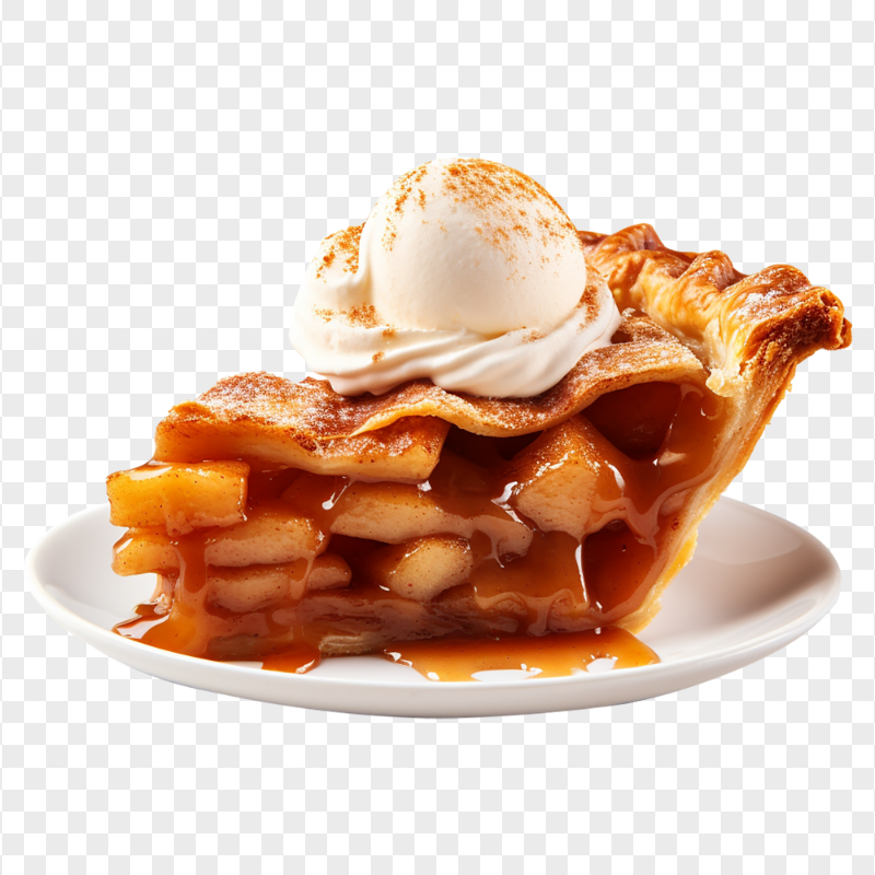 Apple Pie Slice with Ice Cream Ball on a Plate HD PNG