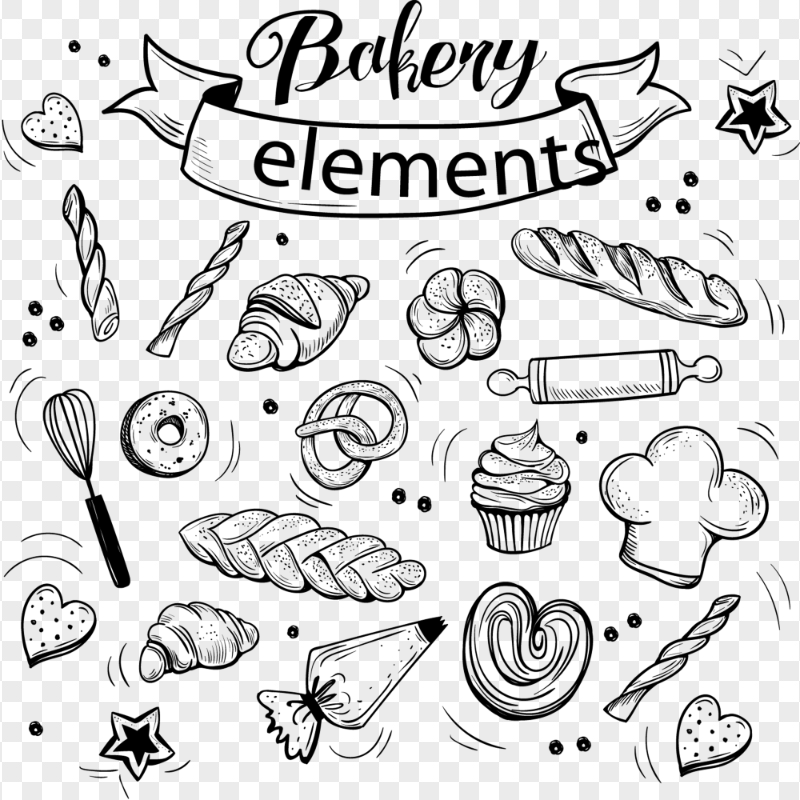 Bakery Elements Black Sketch Pattern HD PNG