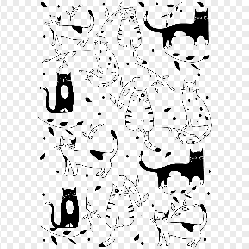 Black Hand Drawing Cats Pattern PNG Image