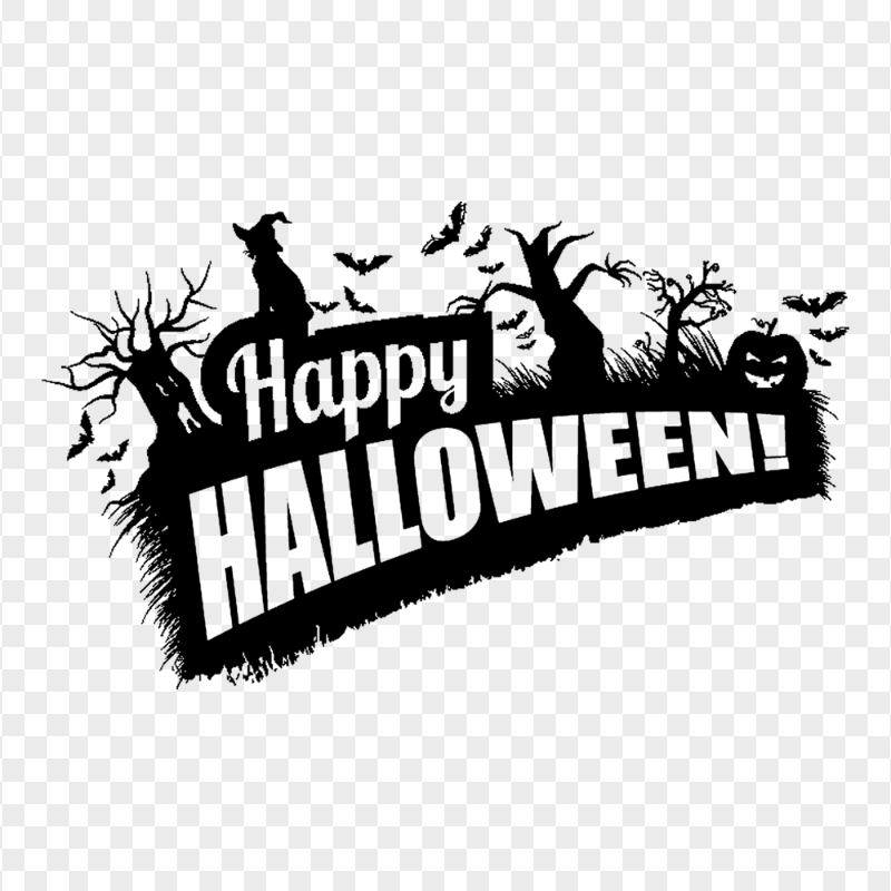 Black Happy Halloween Logo Witch Trees Pumpkins