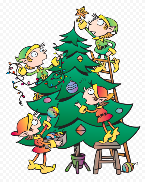 Cartoon Clipart Elves Decorating Christmas Tree PNG | Citypng