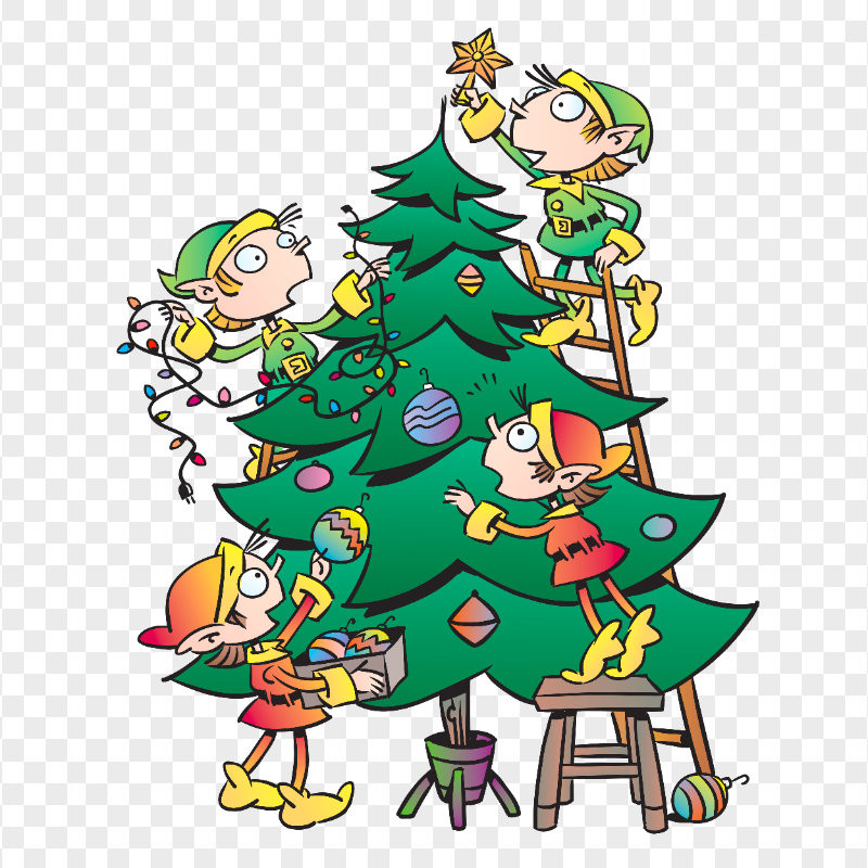 Cartoon Clipart Elves Decorating Christmas Tree PNG