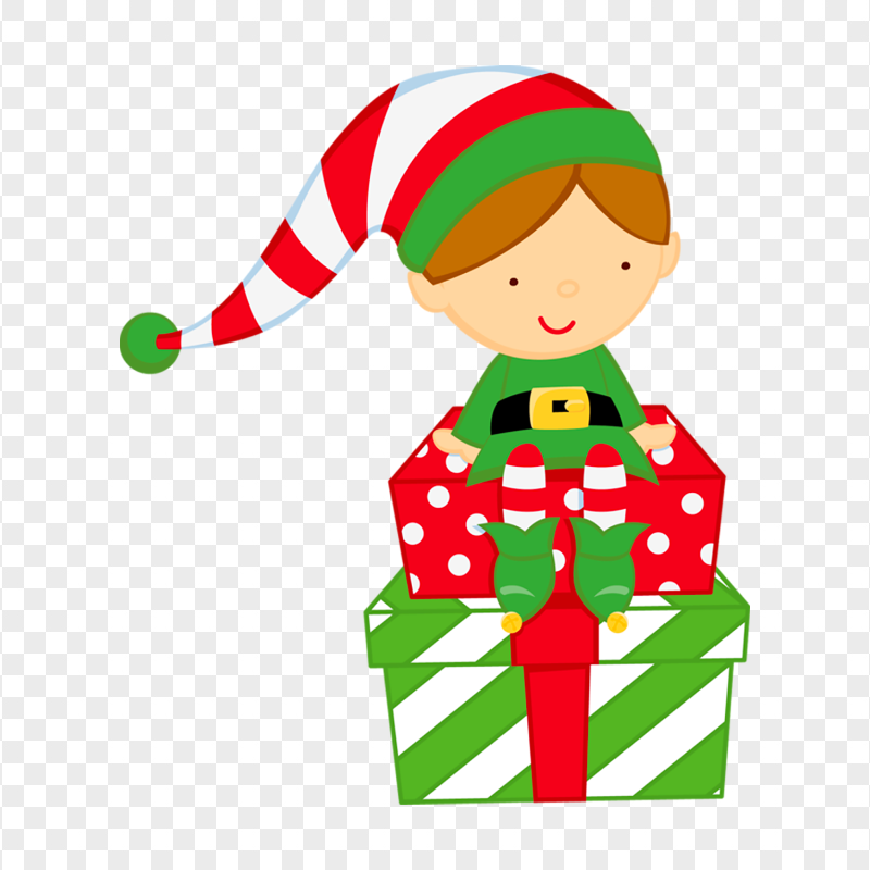 Cartoon Elf Boy Sitting On Gift Box PNG