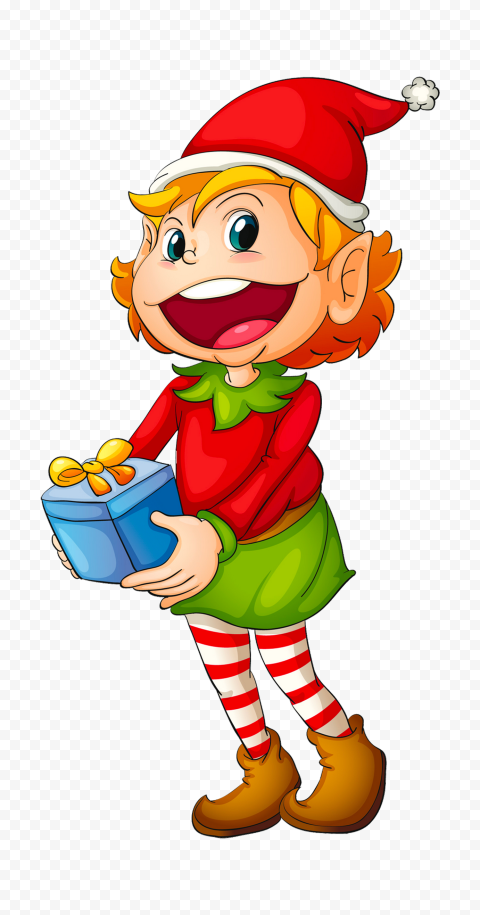 Cartoon Girl Wearing Elf Christmas Clothes Holding A Gift