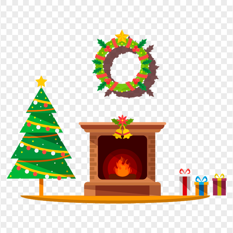 Cartoon Illustration Christmas Fireplace Scene PNG