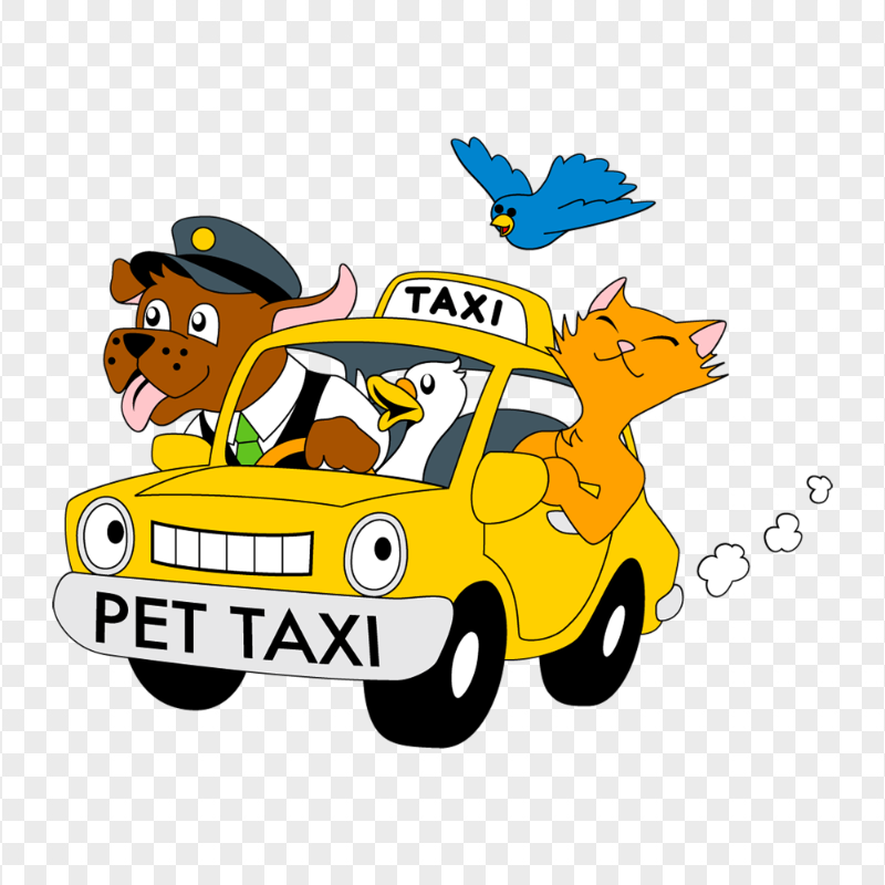 Cartoon Pet Characters Sitting In Taxi PNG IMG