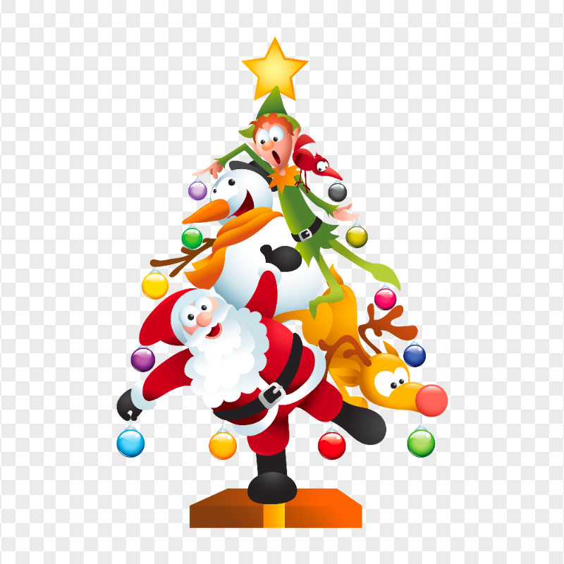 Cartoon Santa Elf And Penguin Christmas Tree PNG