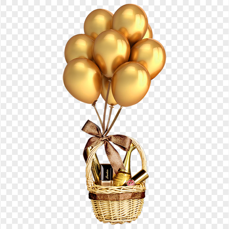 Champagne On Flying Wicker Basket With Balloons