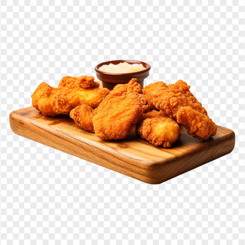Chicken Strips with Garlic Sauce on Wood Plate HD PNG