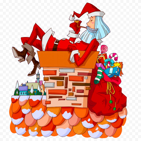 Clipart Santa Claus With Gifts Above Chimney PNG Image