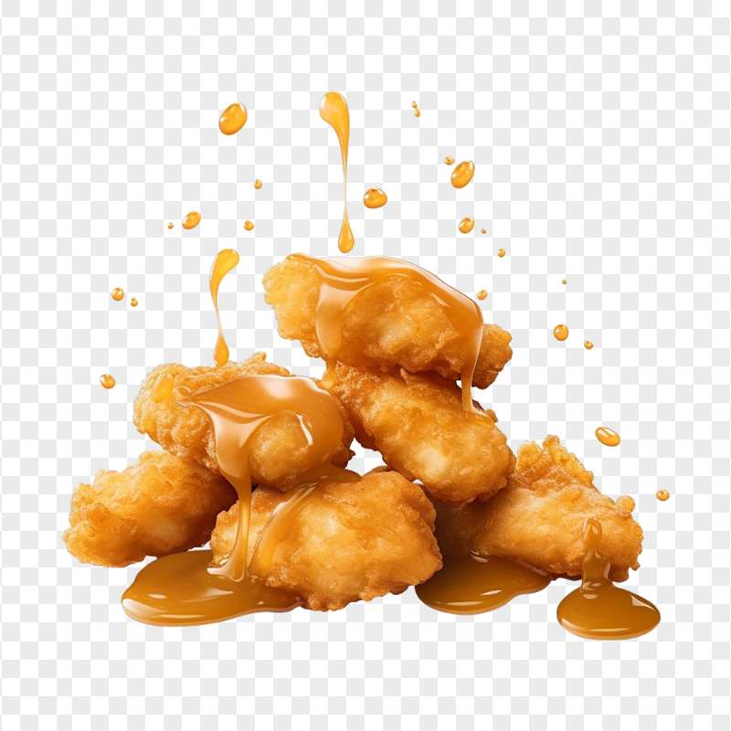 Crunchy Chicken Nuggets with Sauce Pouring HD PNG
