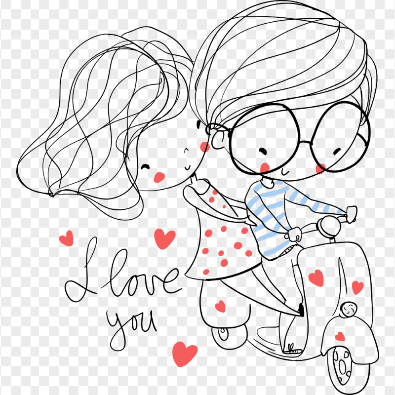 Drawn Sketch Lovely Couple On Scooter HD PNG