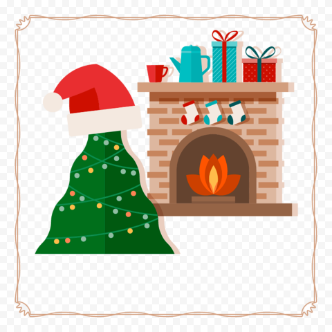 Flat Cartoon Christmas Decorated Fireplace PNG