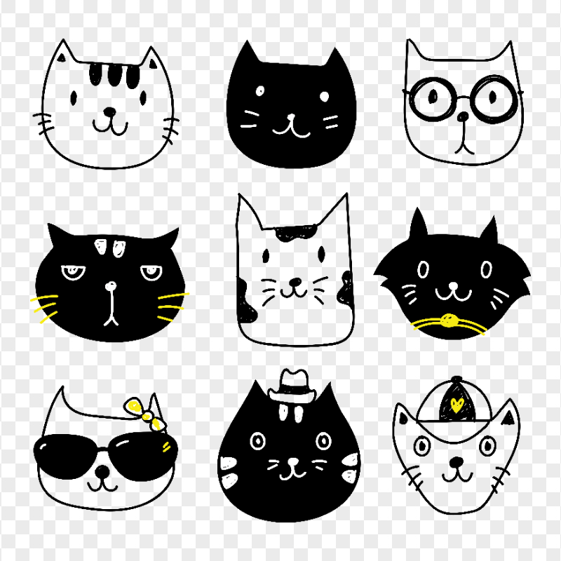 Funny Cat Faces Doodle HD Transparent Background