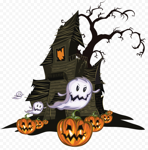 Ghosts, Pumpkins, Scary Tree And House Halloween
