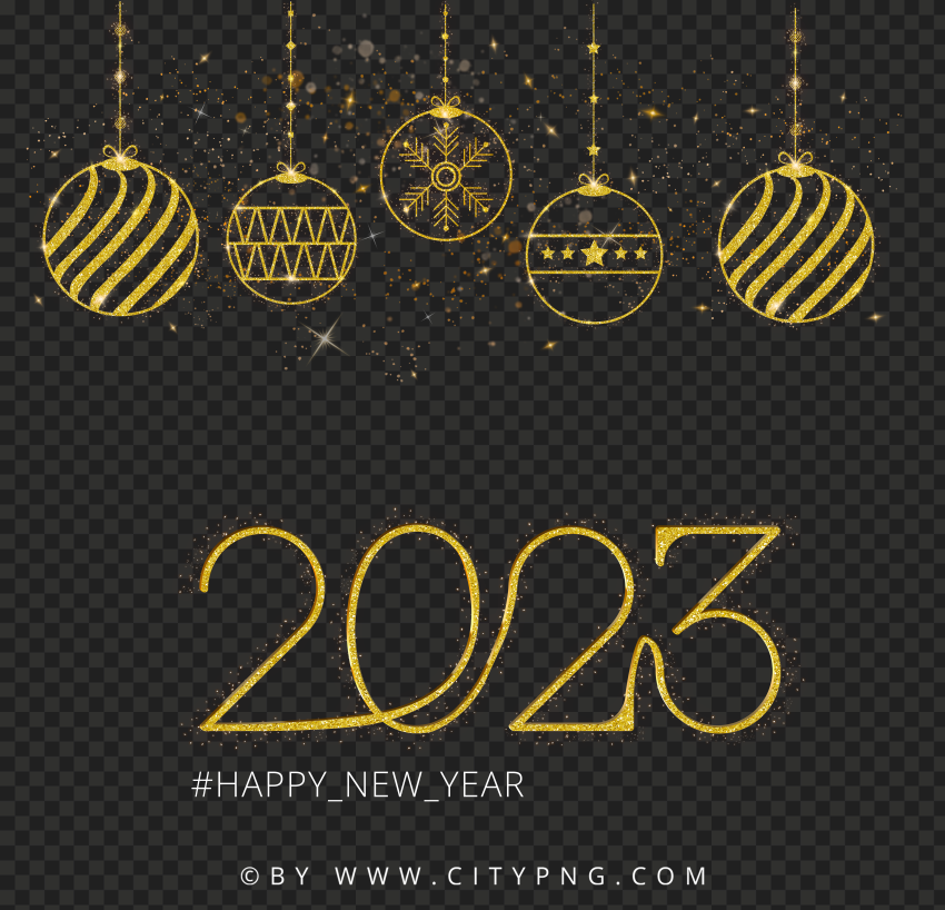 Gold Glitter 2023 With Hanging Christmas Balls Design PNG