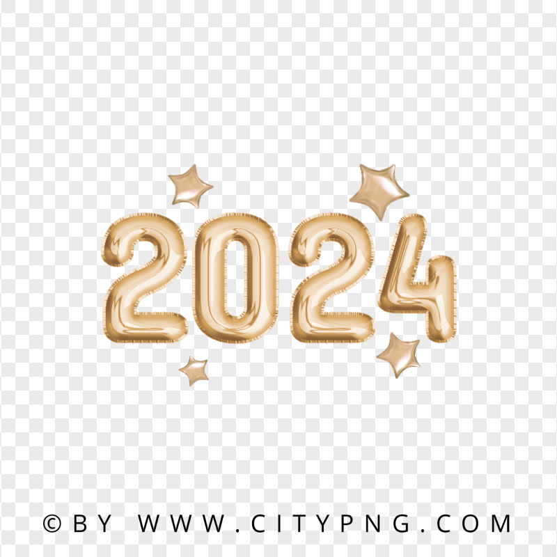 Golden 2024 With Stars Balloons Style No Background PNG
