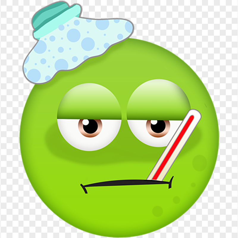 Green Emoji Has Fever With Thermometer In Mouth