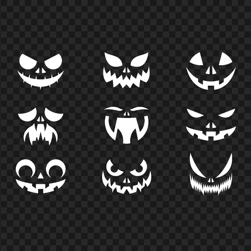 Group Pumpkin Faces Eyes And Mouth White Silhouette