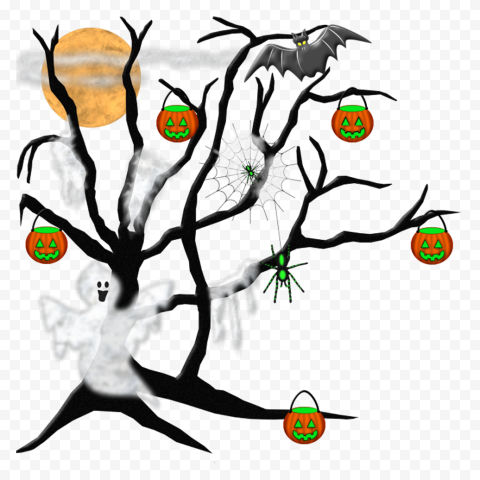 Halloween Cartoon Clipart Tree Pumpkins And Ghosts PNG