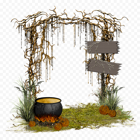 Halloween Witch Pot With Tree Branches  Illustration PNG